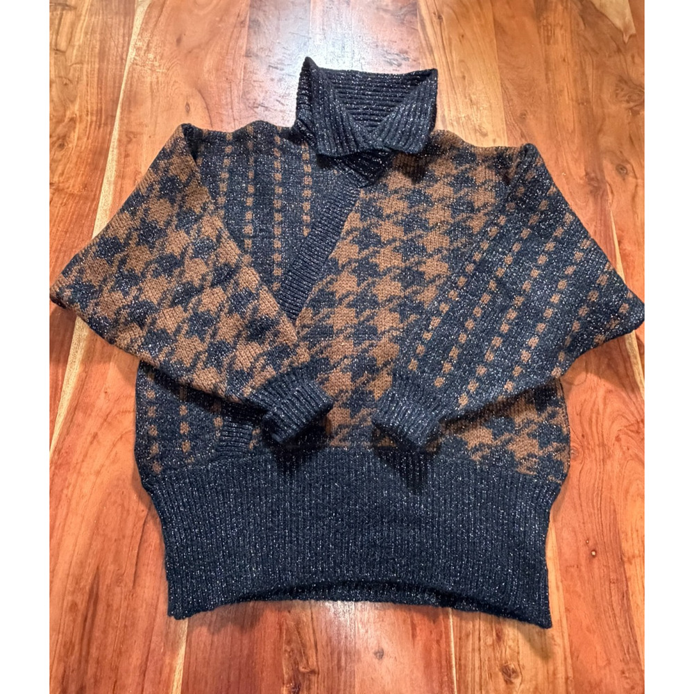 Vintage Jaeger Wool Sweater Houndstooth Asymmetric Knit Made in Great Britain 36